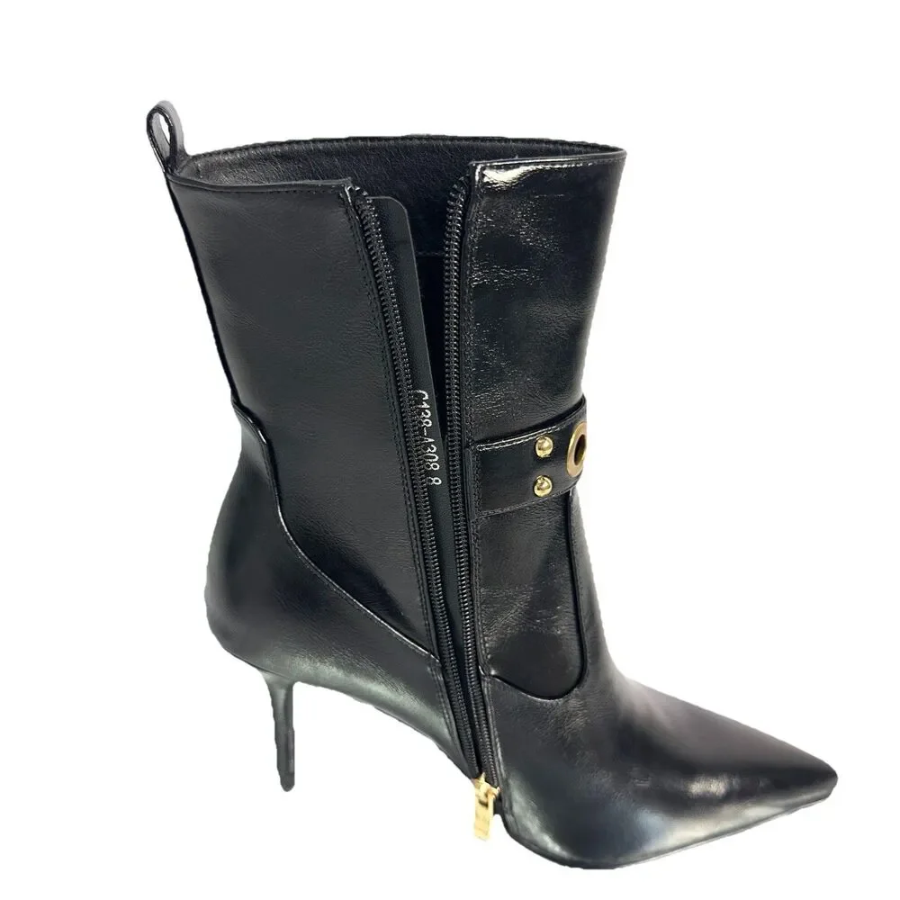 Women’s Black Pointed Toe Ankle Boots Stiletto Heel Gold Stud Accent Size US 8